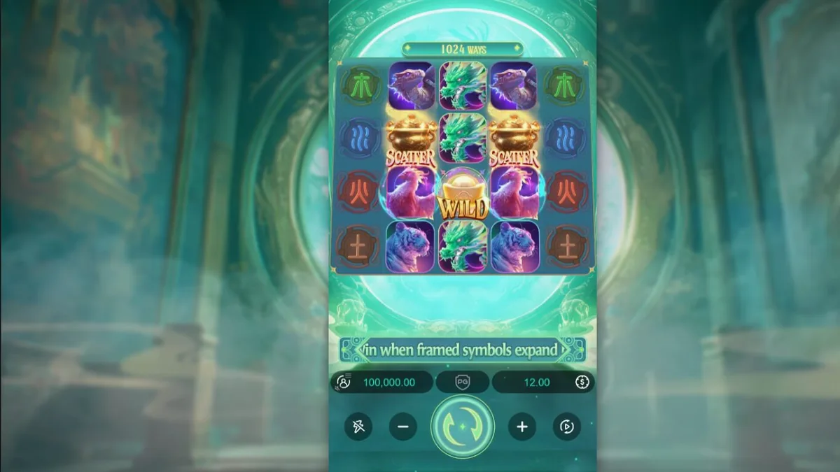 Tampilan visual slot Mythical Guardians dengan simbol naga dan harimau yang megah
