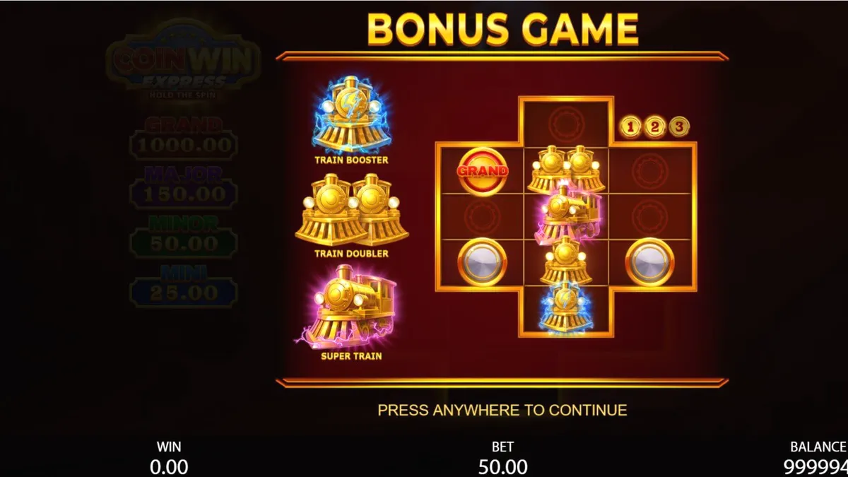 Tampilan visual slot Coin Win Express dengan tema kereta api dan simbol koin emas